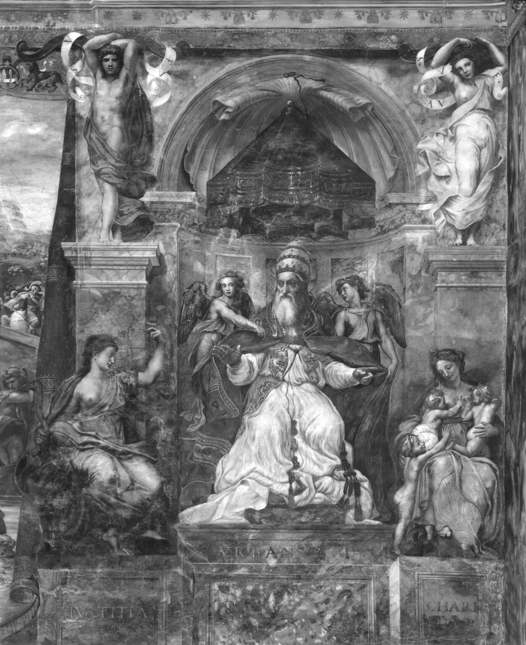 I. Urbán pápa (230) az igazságosság és a jótékonyság között, Raphael Rooms (lásd még: 252783, 252784, 252785) alkotó: Giulio Romano