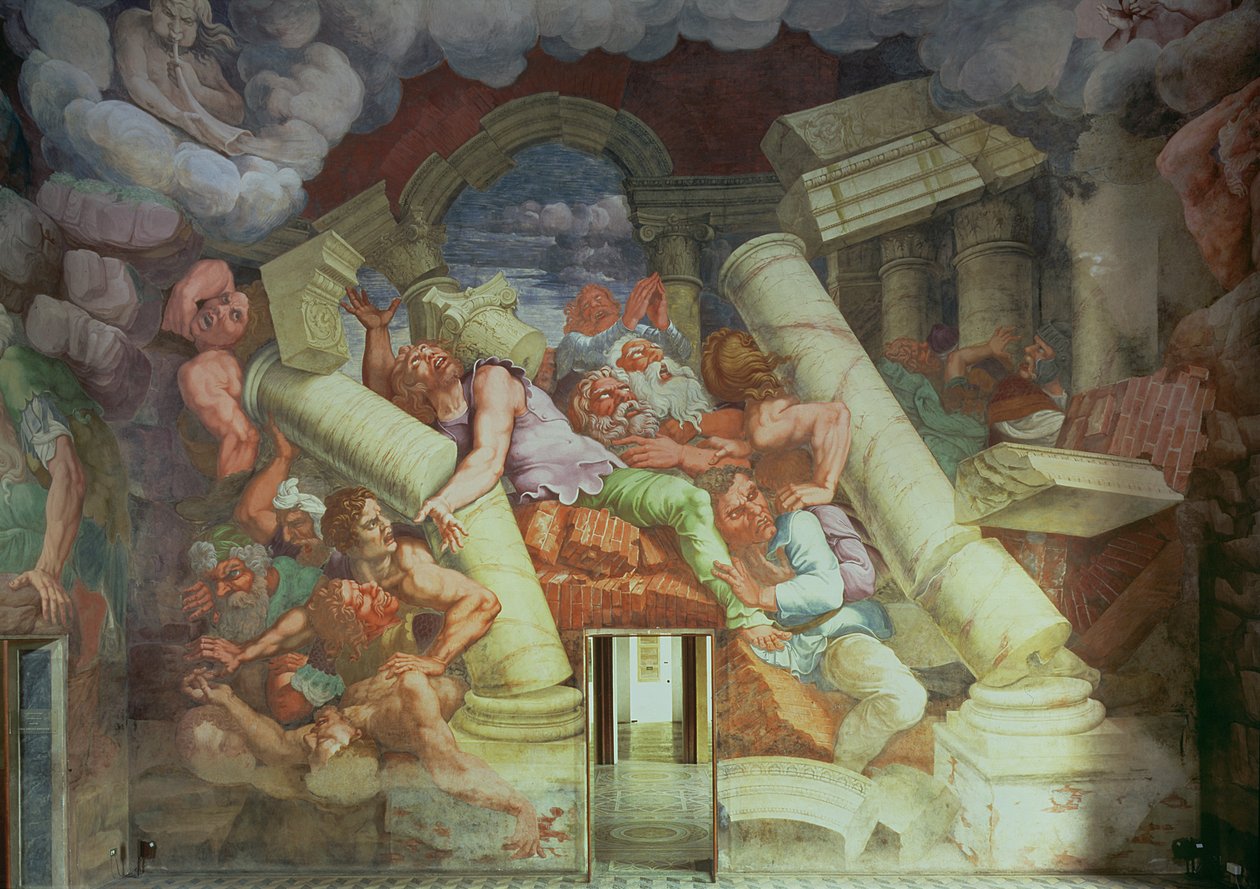Sala dei Giganti, részlet az óriások Jupiters villámcsapásai általi elpusztításáról, 1536 freskó a részletekért lásd: 78488 alkotó: Giulio Romano