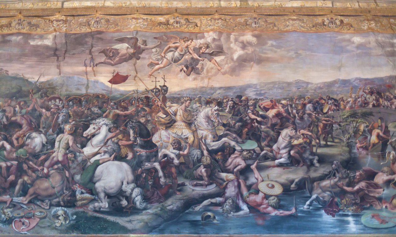 A Milvian-hídi csata, Konstantin szobájában, Raphael Rooms, 1520-24 (freskó) alkotó: Giulio Romano