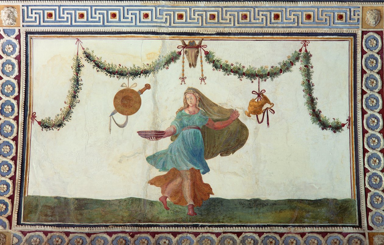 A Camera con Fregio di Amorini Ámor fríz kamrája a mennyezet részlete egy tálat tartó nőt ábrázol, 1520-as évek freskója alkotó: Giulio Romano
