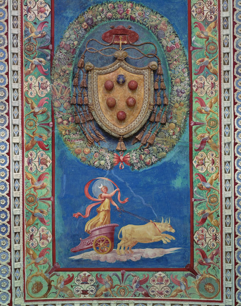 A Camera con Fregio di Amorini Ámor-fríz kamrája a mennyezet középső részének részlete, amelyet a Medici-címer domborműve és az éjszaka allegóriája díszít, az 1520-as évek freskója és stu. alkotó: Giulio Romano