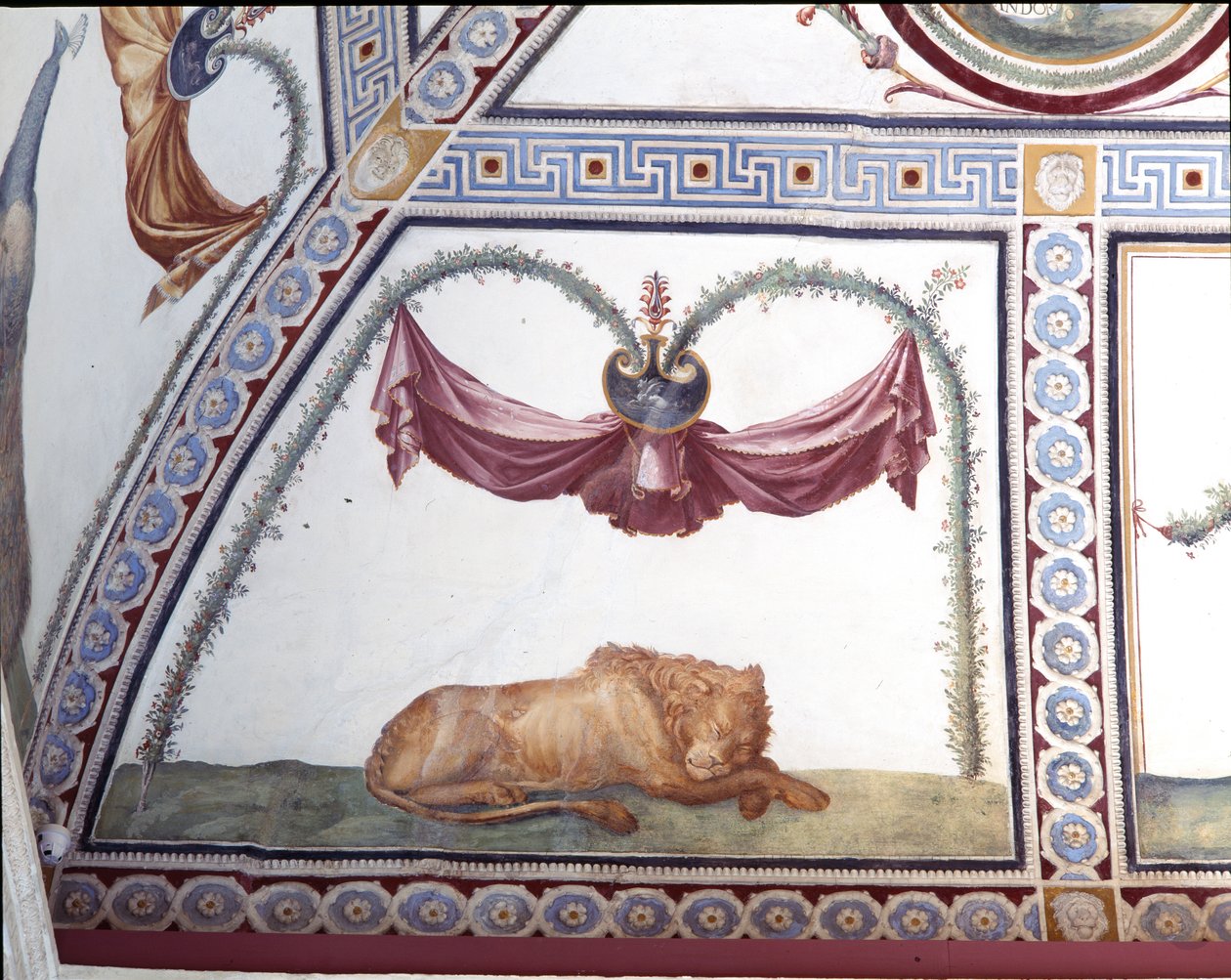 A Camera con fregio di Amorini Ámor fríz kamrája egy alvó oroszlán részlete, 1520-as évek freskója alkotó: Giulio Romano