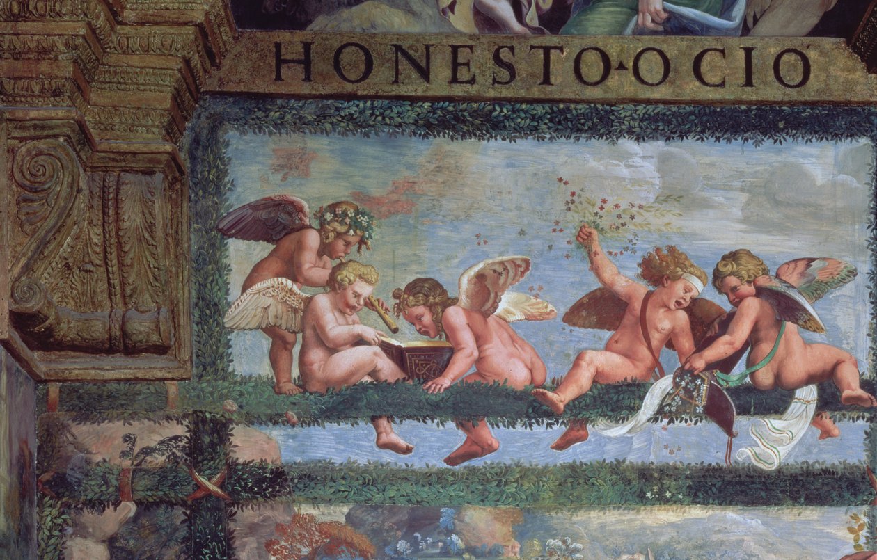 A rusztikus bankett, putti zenélés részlete, a Sala di Amore e Psiche-ből, 1528 freskórészlet a 78428-ból alkotó: Giulio Romano