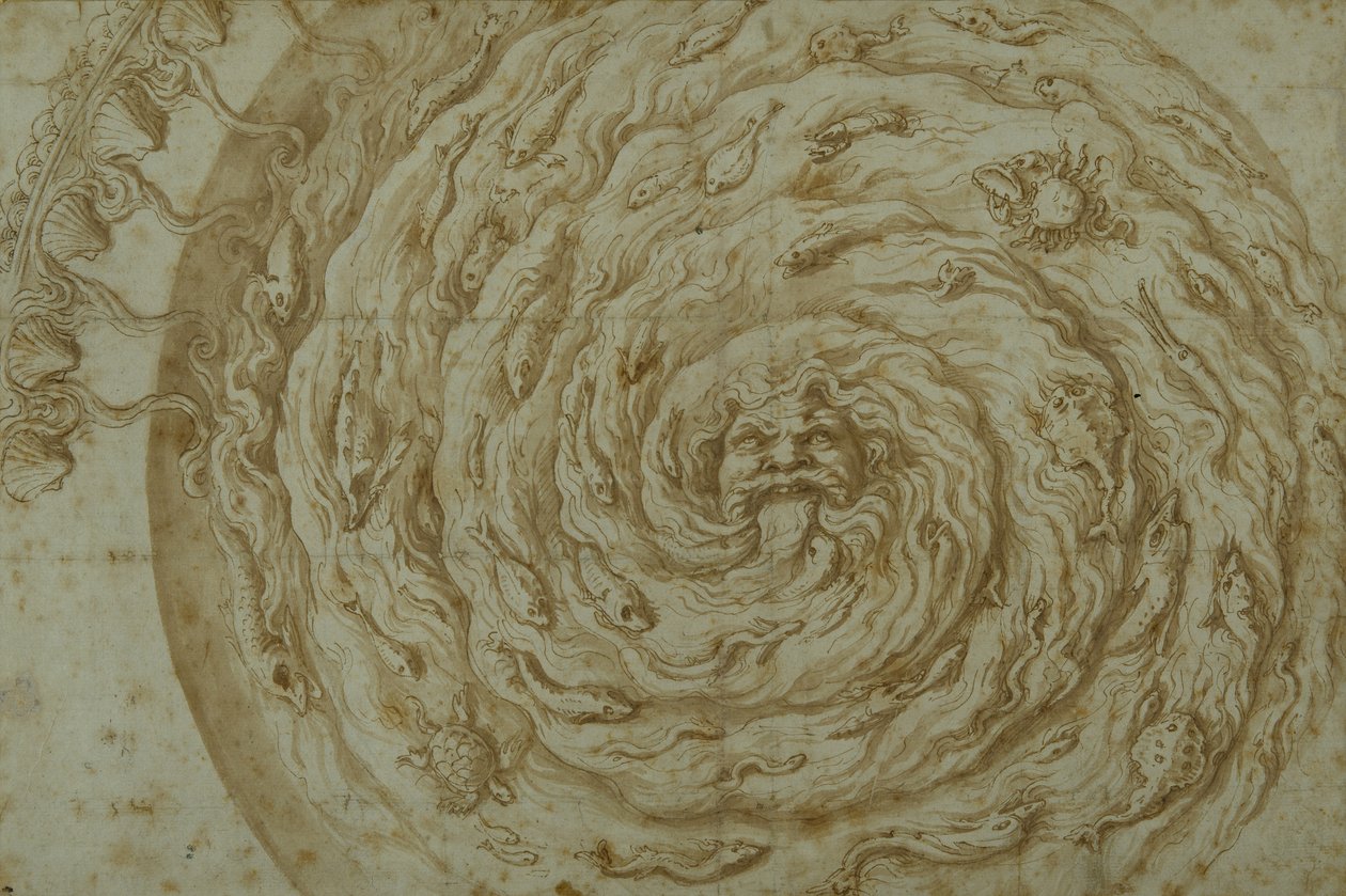 The Stream Oceanus (toll és barna tinta papírra mosással) alkotó: Giulio Romano