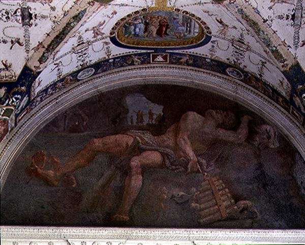 Pánt és szatírokat ábrázoló loggia, a boltozat lunette részlete alkotó: Giulio Romano