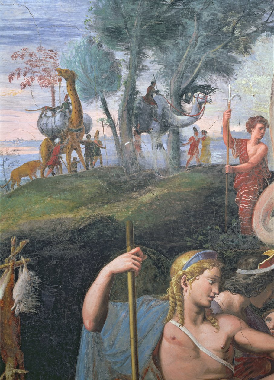 Ámor és Psyche házasságát ünneplő nemesi lakoma, részlet Apolló fejéről, a háttérben egzotikus állatok felvonulásával, a Sala di Amore e Psiche-ből, 1528 alkotó: Giulio Romano