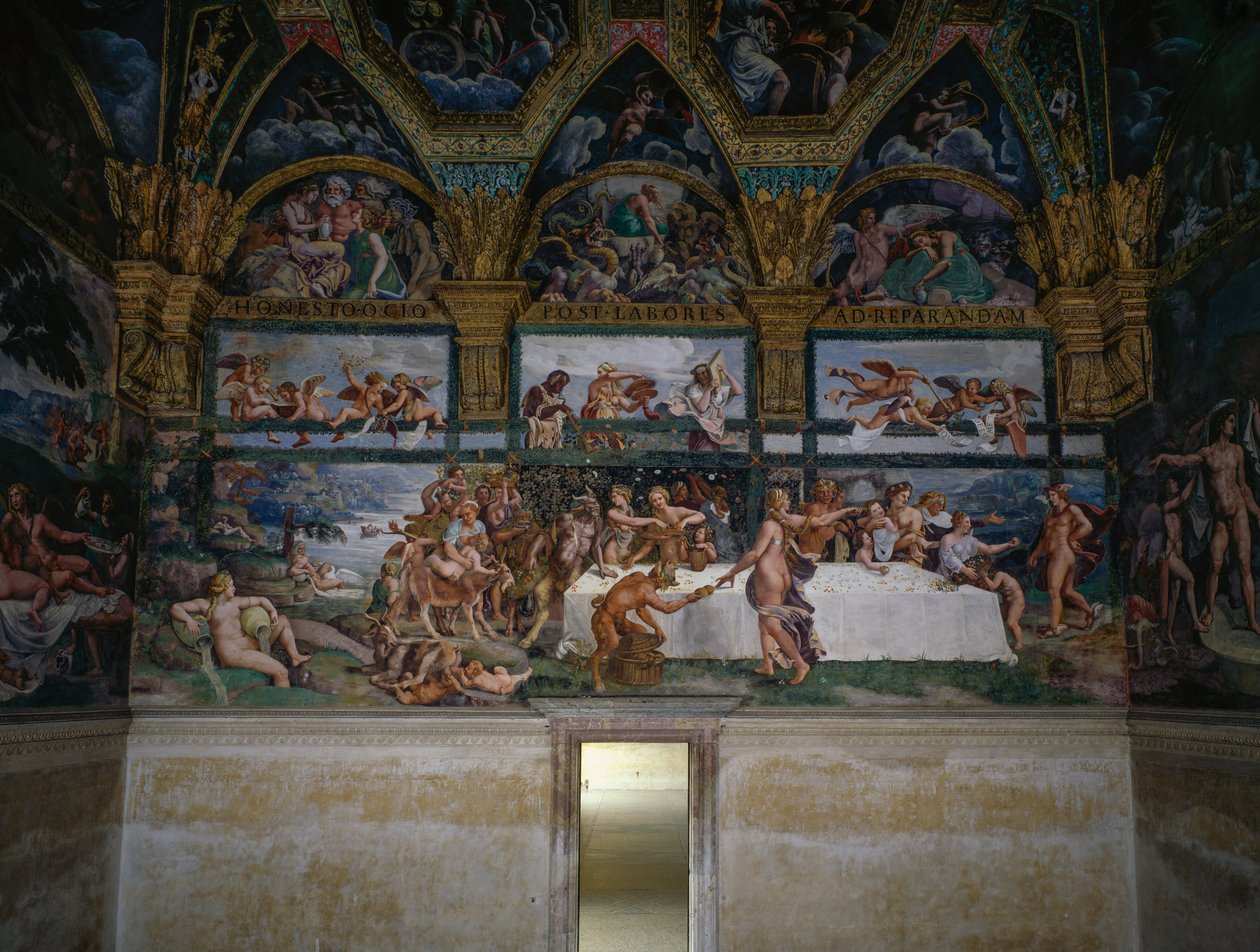 Esküvői lakoma vagy istenek bankettje, Giulio Romano (1499-1546) freskója, Ámor és Psyche Kamara nyugati fala, Palazzo Te, Mantova (UNESCO Világörökségi Lista, 2008), Lombardia, Olaszország alkotó: Giulio Romano
