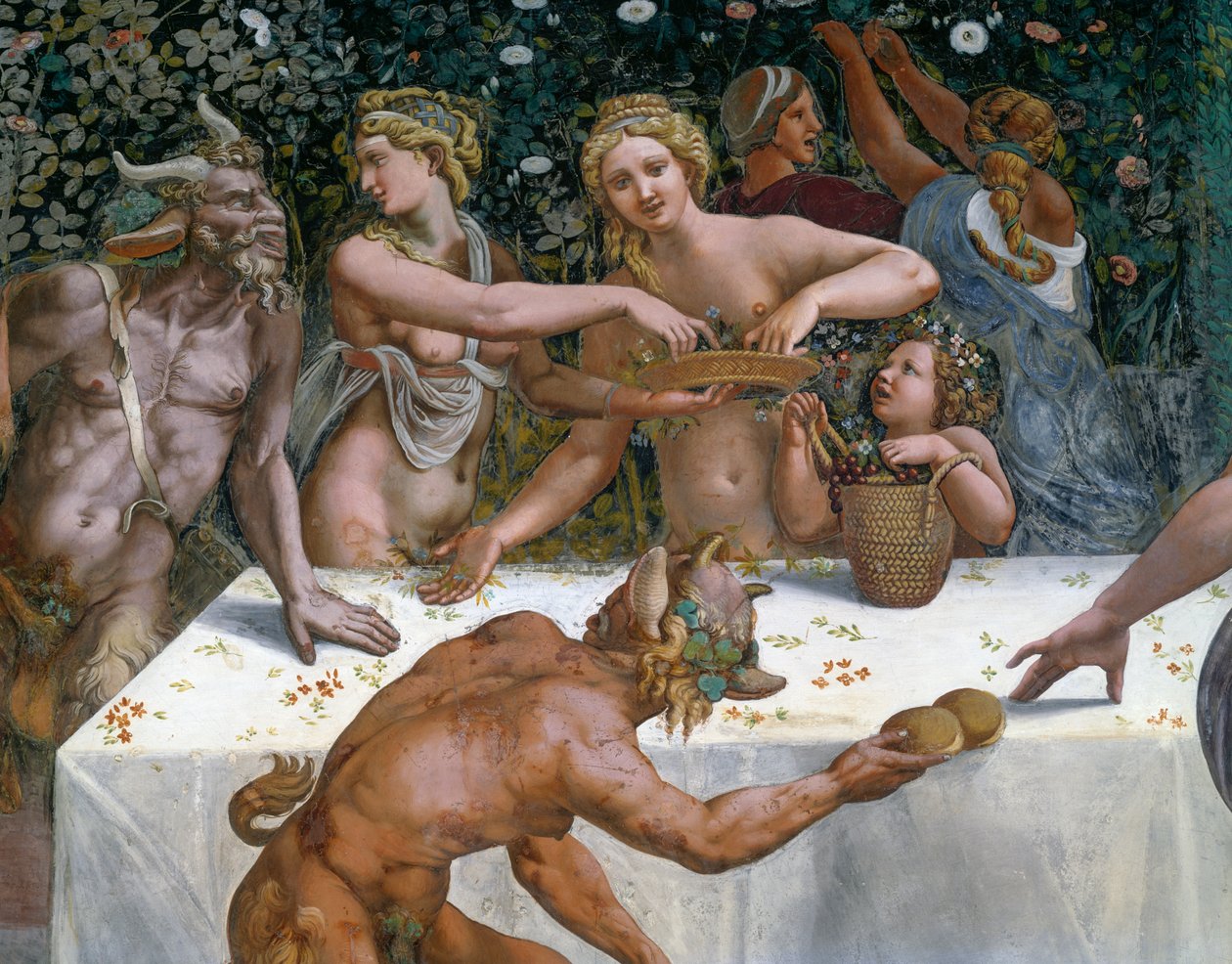 Esküvői lakoma vagy istenek bankettje, Giulio Romano (1499-1546) freskója, Ámor és Psyche Kamara nyugati fala, Palazzo Te, Mantova (UNESCO Világörökségi Lista, 2008), Lombardia, Olaszország alkotó: Giulio Romano