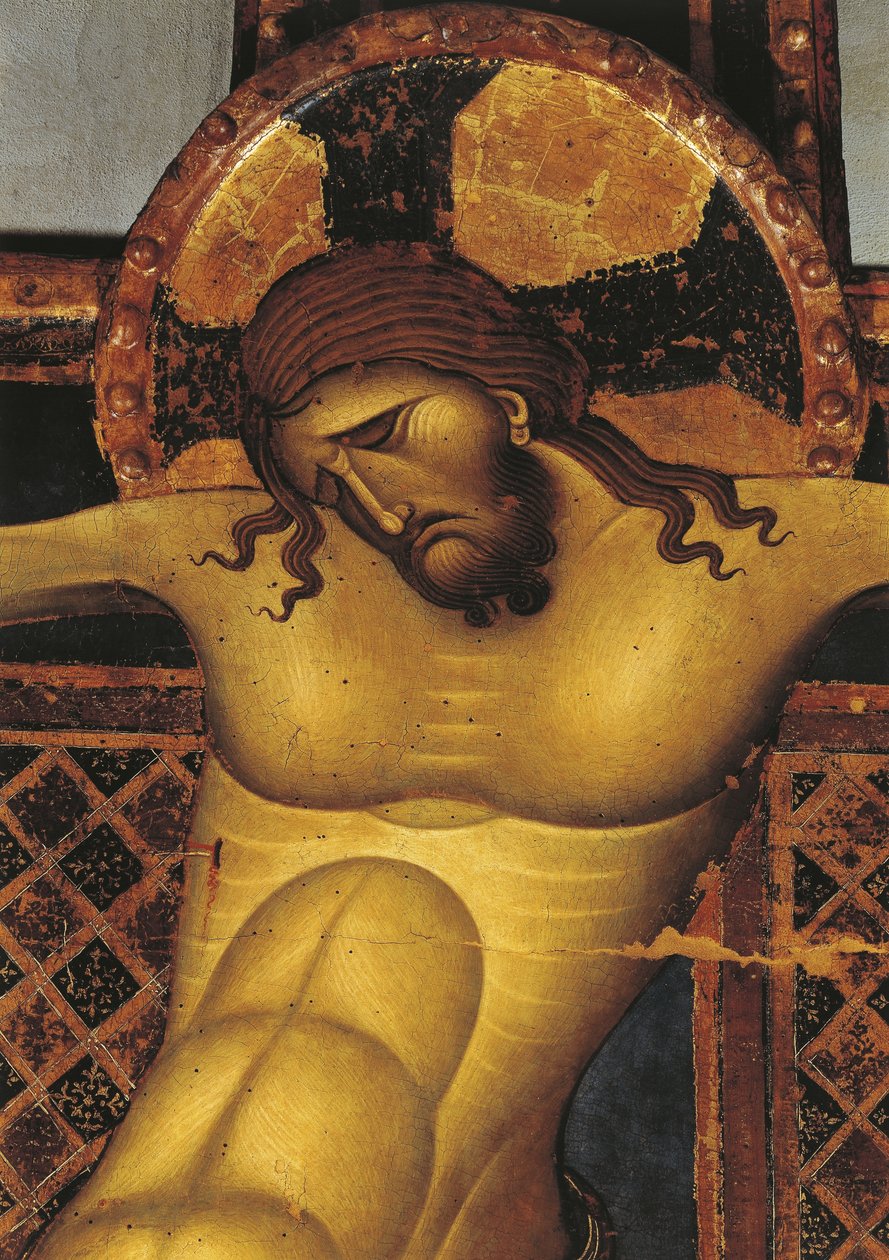 Közeli kép Jézus Krisztus falfestményéről, Szent Domonkos templom, Giunta Pisano, Bologna, Emilia Romagna, Olaszország alkotó: Giunta Pisano