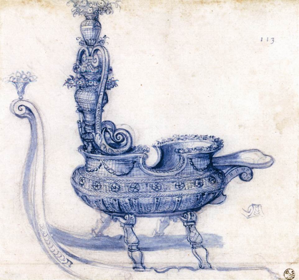 Vázlat egy virágkosár alakú szánhoz alkotó: Giuseppe Arcimboldo