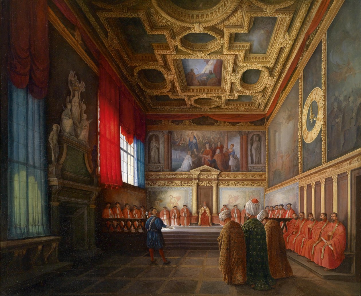 Az oszmán nagykövetség fogadása a Velencei Dózsában, a Dózse -palota Sala del Collegio -ban alkotó: Giuseppe Bernardino Bison