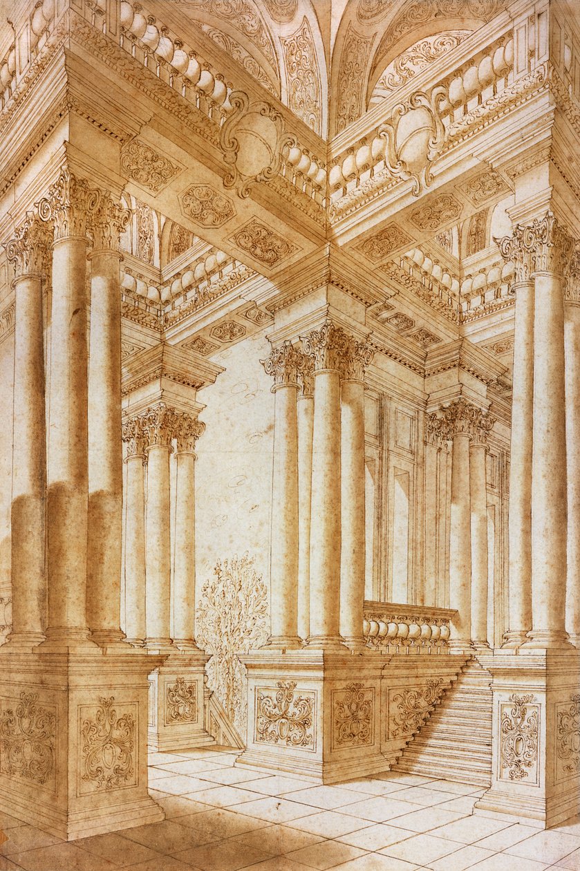 Építészeti tanulmány (toll és barna tinta barna mosással, papírra) alkotó: Giuseppe Bibiena
