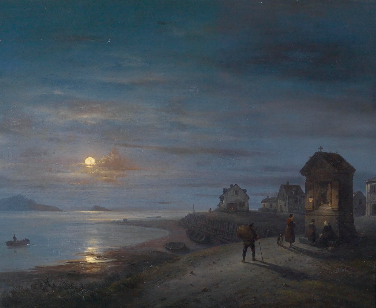Part menti táj, 1840 -ben felkelő holddal alkotó: Giuseppe Canella