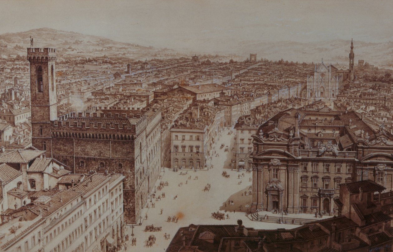 Kilátás a Piazza di San Firenze-re és a Piazza Santa Croce-ra, Firenzében alkotó: Giuseppe and Sanesi, Nicola Poggi
