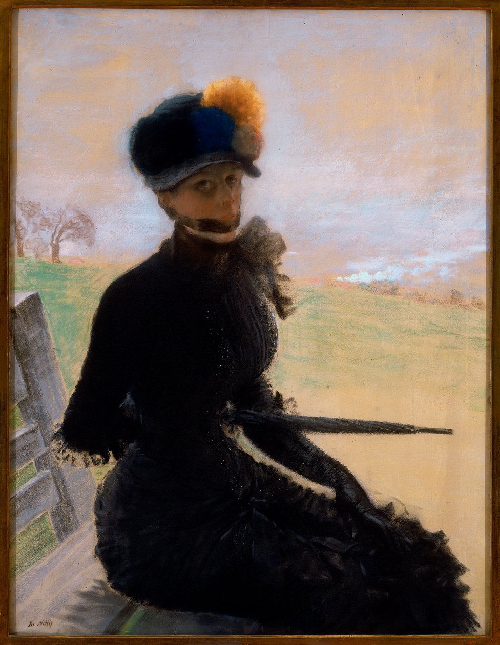 Portréfestmény egy padon ülő nőről alkotó: Giuseppe de Nittis