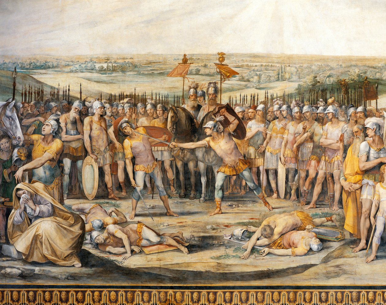 Harat Horatii és Curiatii között, Giuseppe Cesari (1568-1640), freskó, Horatii és Curiatii csarnoka, Konzervatóriumok Palota, Róma, Római Királyság, Olaszország alkotó: Giuseppe Cesari