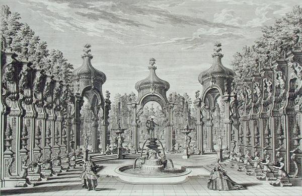 Tervezet egy kertben való szórakozáshoz, az "Architectus Theatralis Primarius"-ból, Johann Andreas Pfeffel (1674-1748) metszete, megjelent 1740-ben (metszet). alkotó: Giuseppe Bibiena