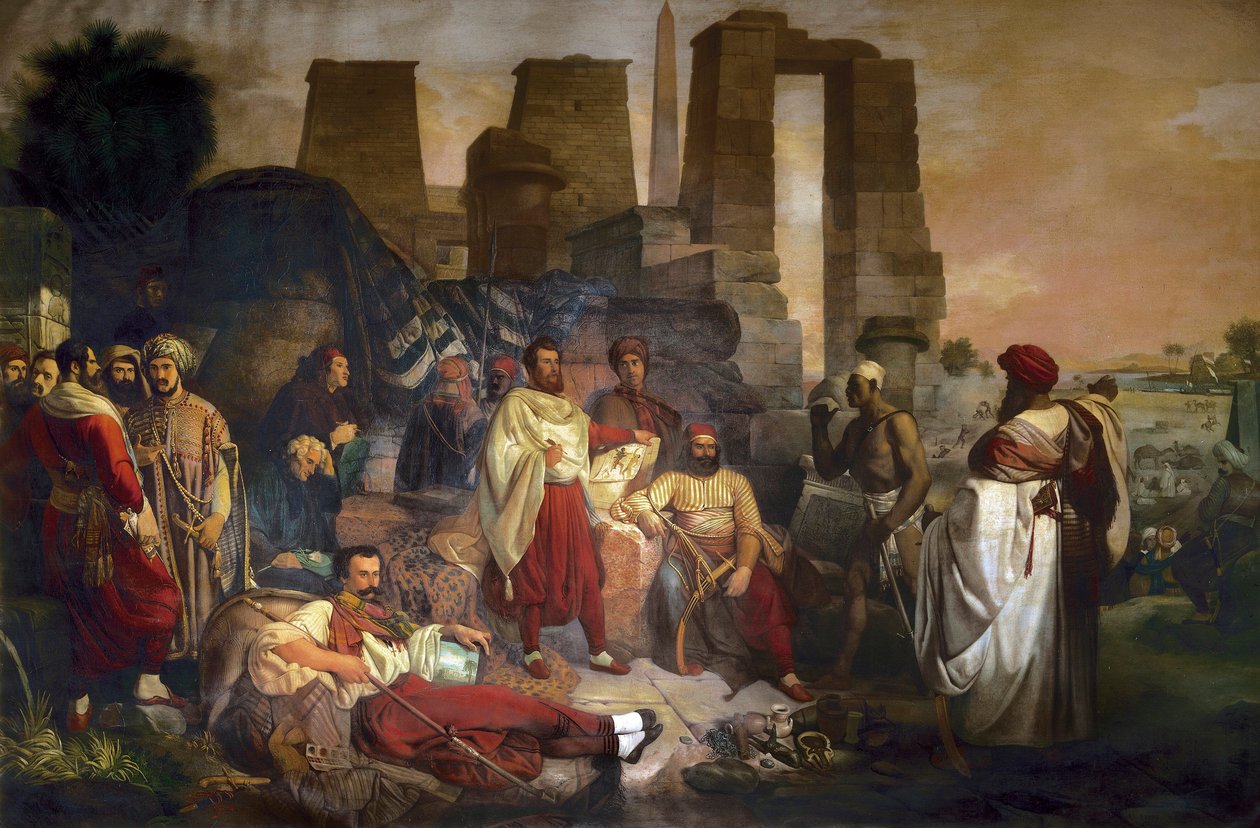 Jean Francois Champollion egyiptológus a központban ül, Ippolito Rosellini és Gaetano Rossellini körülvéve. alkotó: Giuseppe Angelelli