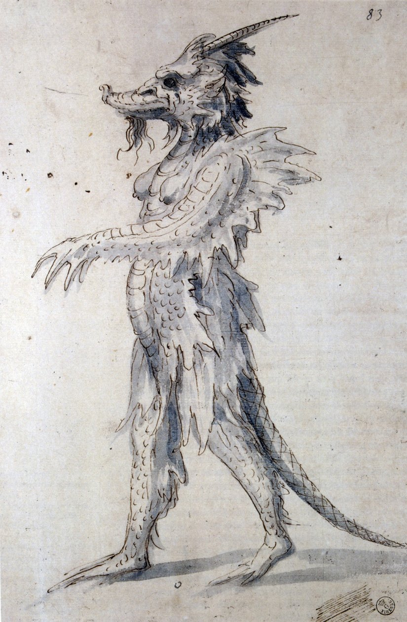 Tervezés sárkányhoz (toll, kék tinta és akvarell papíron) alkotó: Giuseppe Arcimboldo
