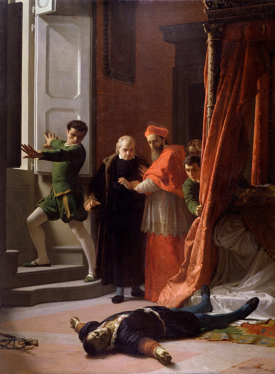 Alessandro de Medici firenzei herceg halála, amelyet Lorenzino de Medici ölt meg (olaj, vászon alkotó: Giuseppe Bellucci