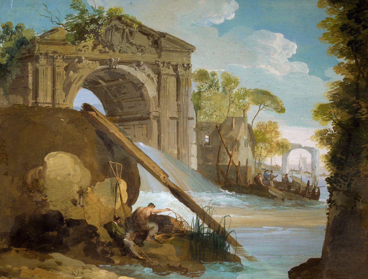 Képzeletbeli kilátás: Folyó halászokkal és romokkal, Giuseppe Bernardino Bison (1762-1844) alkotó: Giuseppe Bernardino Bison