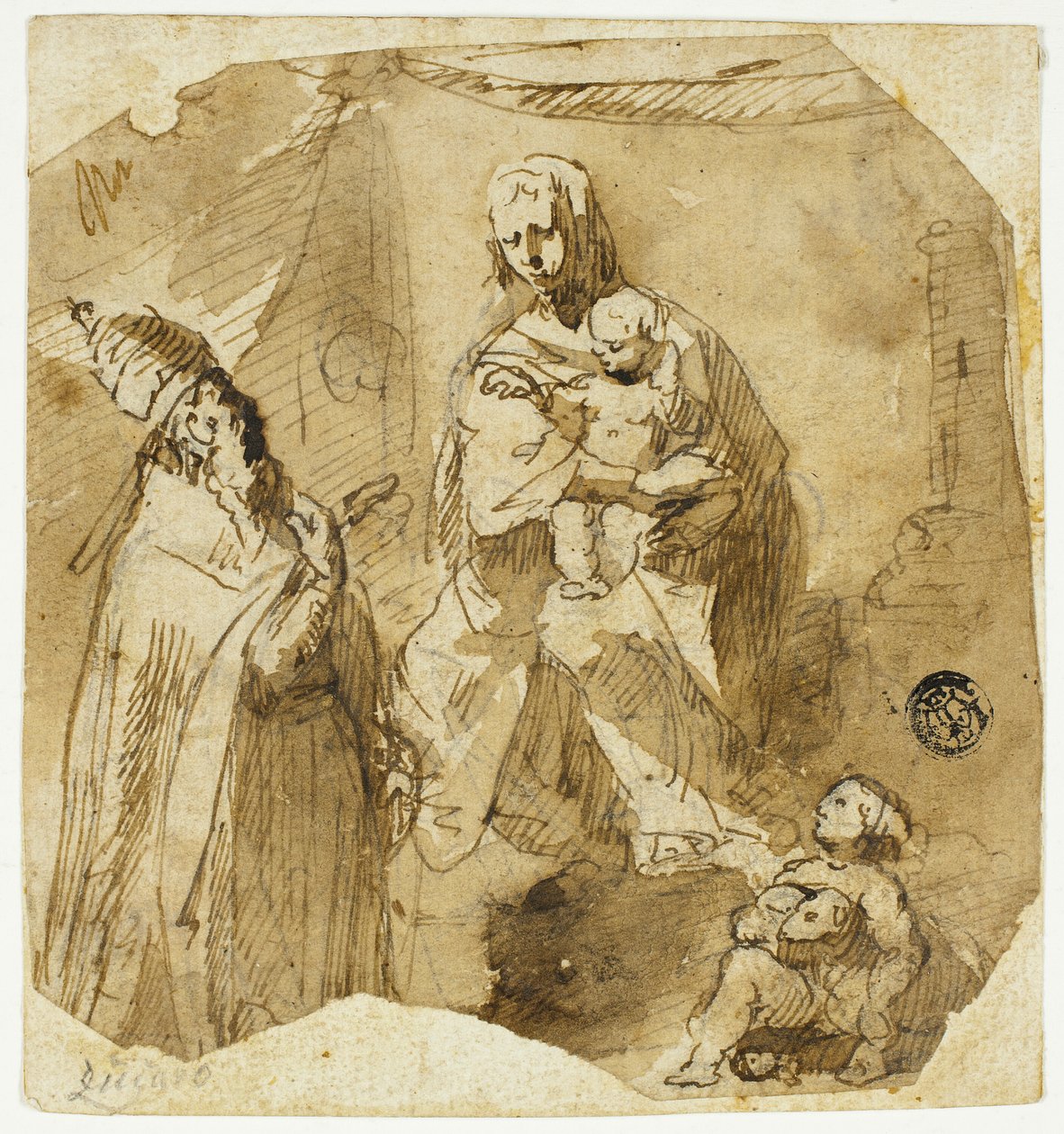 Madonna és gyermeke Keresztelő János csecsemővel és egyházi szenttel alkotó: Giuseppe Bernardino Bison