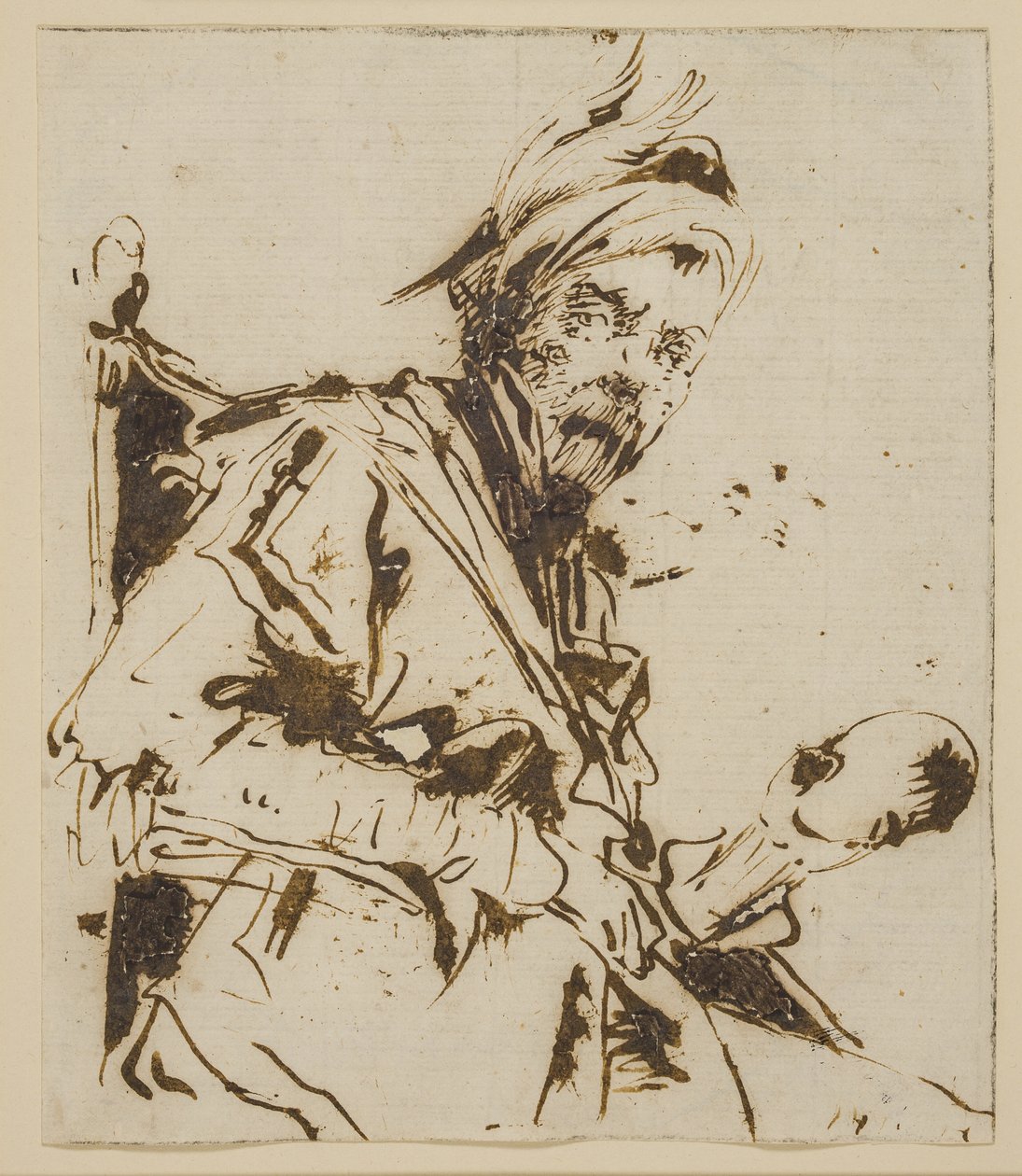 Félhosszú férfi ül egy széken, tollas kalapban, és bal kezében koponyát(?) tart alkotó: Giuseppe Bernardino Bison