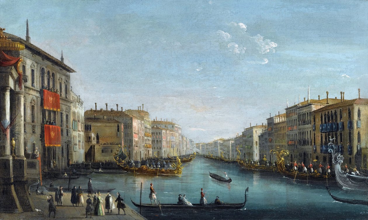 Kilátás a Canal Grandére a Palazzo Balbiból, a Rialto-híd felé néz, Giuseppe Bernardino (1762-1844) bölény regattjával. Olaj, vászon, méret: 48,9x81,9, alkotó: Giuseppe Bernardino Bison