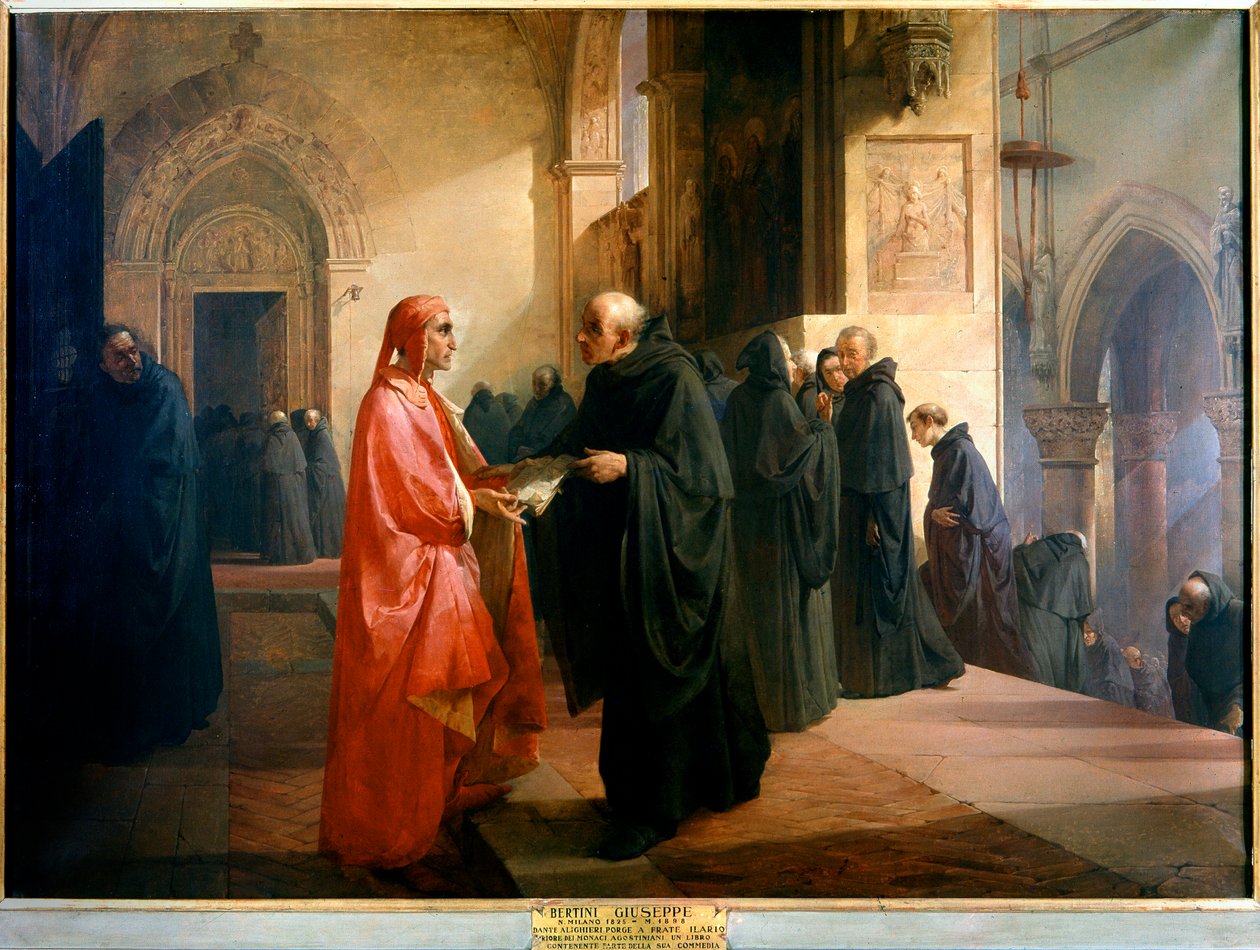 Dante Alighieri átadja Ilario testvérnek az Isteni komédia egy részét tartalmazó jegyzetfüzetet. alkotó: Giuseppe Bertini