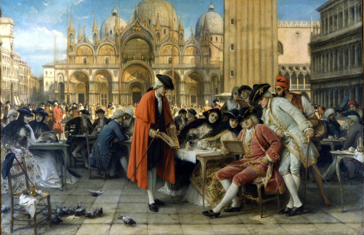 Francesco Guardi festő a Florian kávézó előtt árulja képeit. 1892. Giuseppe Bertini festménye. Galleria d