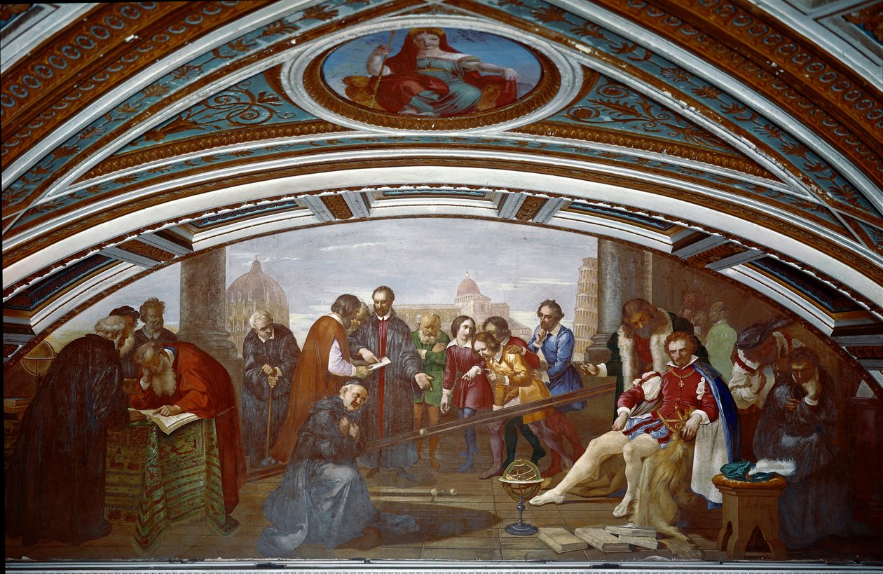Galileo Galilei dit Galilee (1564-1642) bemutatja a zuhanás és a gravitáció törvényét. Galilea egy ferde tervvel mutatja be a tapasztalatokat egy pisai nyilvános előadás során. Giuseppe Bezzuoli (1784-1855) festménye alkotó: Giuseppe Bezzuoli