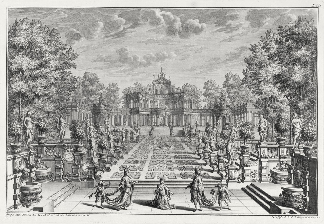 Opera díszlete a kertben, az Architectus Theatralis Primariusból, Johann Andreas Pfeffel (1674-1748) metszete, megjelent 1740 alkotó: Giuseppe Bibiena