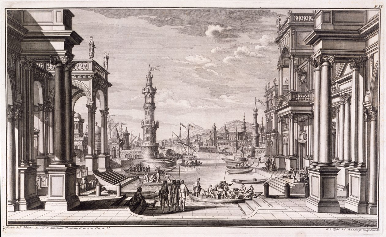 Kis kikötő barokk stílusú oszlopokkal, az „Architectus Theatralis Primarius”-ból, 1740-ben alkotó: Giuseppe Bibiena