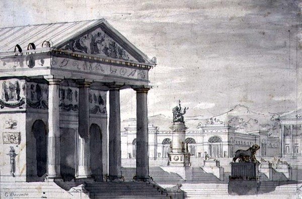 Neo-Classical Stage Set, 1825 körül (toll és tinta és szépia mosás papíron) alkotó: Giuseppe Borsato