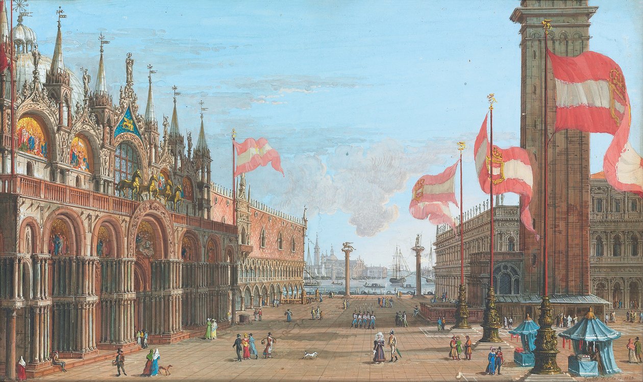 Kilátás a velencei Szent Márk térre, a Palazzo Ducale és Campanile épületével, 1828 alkotó: Giuseppe Borsato