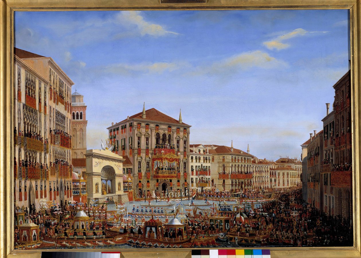 I. Napóleon velencei látogatása 1807. november 28-tól december 8-ig: A császár a Baldi-palota erkélyéről a Canal Grande regattáit vezeti, megérkezik a versenyről, 1807. december 2. Giuseppe Borsato (1771-1849) festménye. 1807 V. 0,65 x alkotó: Giuseppe Borsato