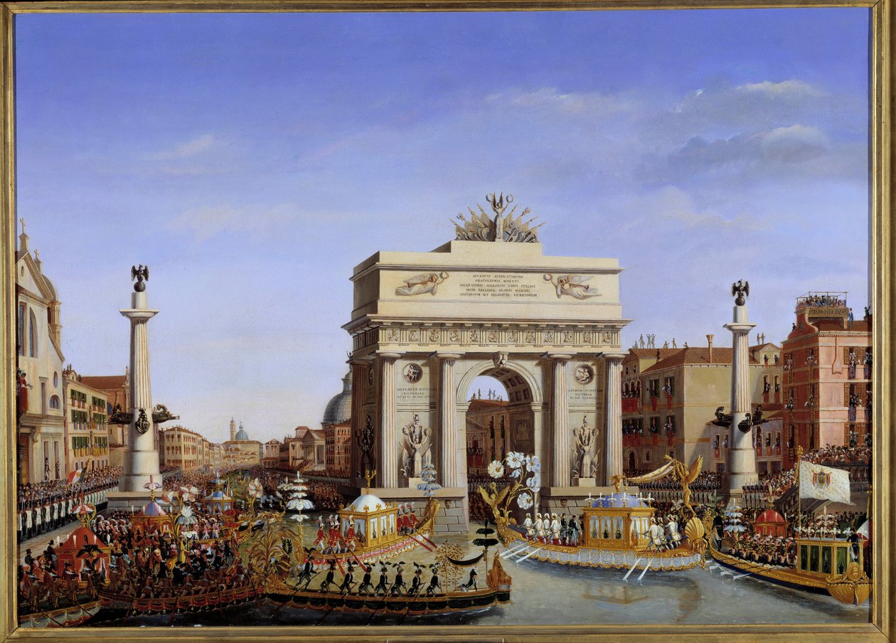 I. Napóleon velencei látogatása 1807. november 28-tól december 8-ig: a Császár bejárata gondolában a Canal Grande felvonulásán. Giuseppe Borsato (1771-1849) festménye 19. század V. 0,65x0,90 m. - Napóleon velencei látogatása 28-tól Sz alkotó: Giuseppe Borsato