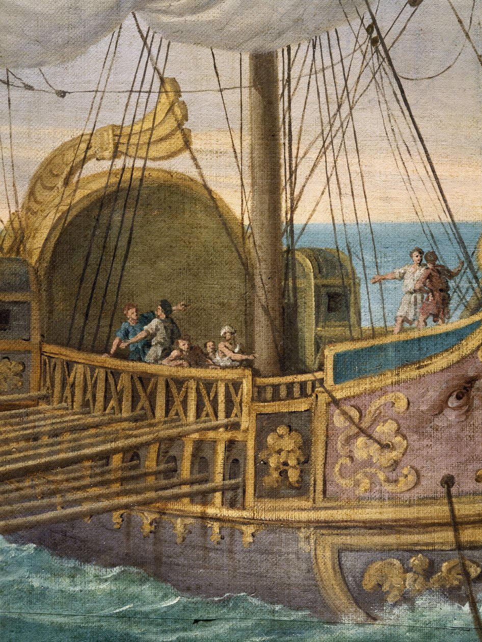 Szent Paula (Santa Paola Romana, 347-406,) indul a Szentföldre, a hajó részlete. 33 évesen megözvegyült, követte Szent Jeromost, és lányával, Szent Eusztochiummal együtt 385-ben zarándoklatra indult vele a Szentföldre. Giusep festménye alkotó: Giuseppe Bottani