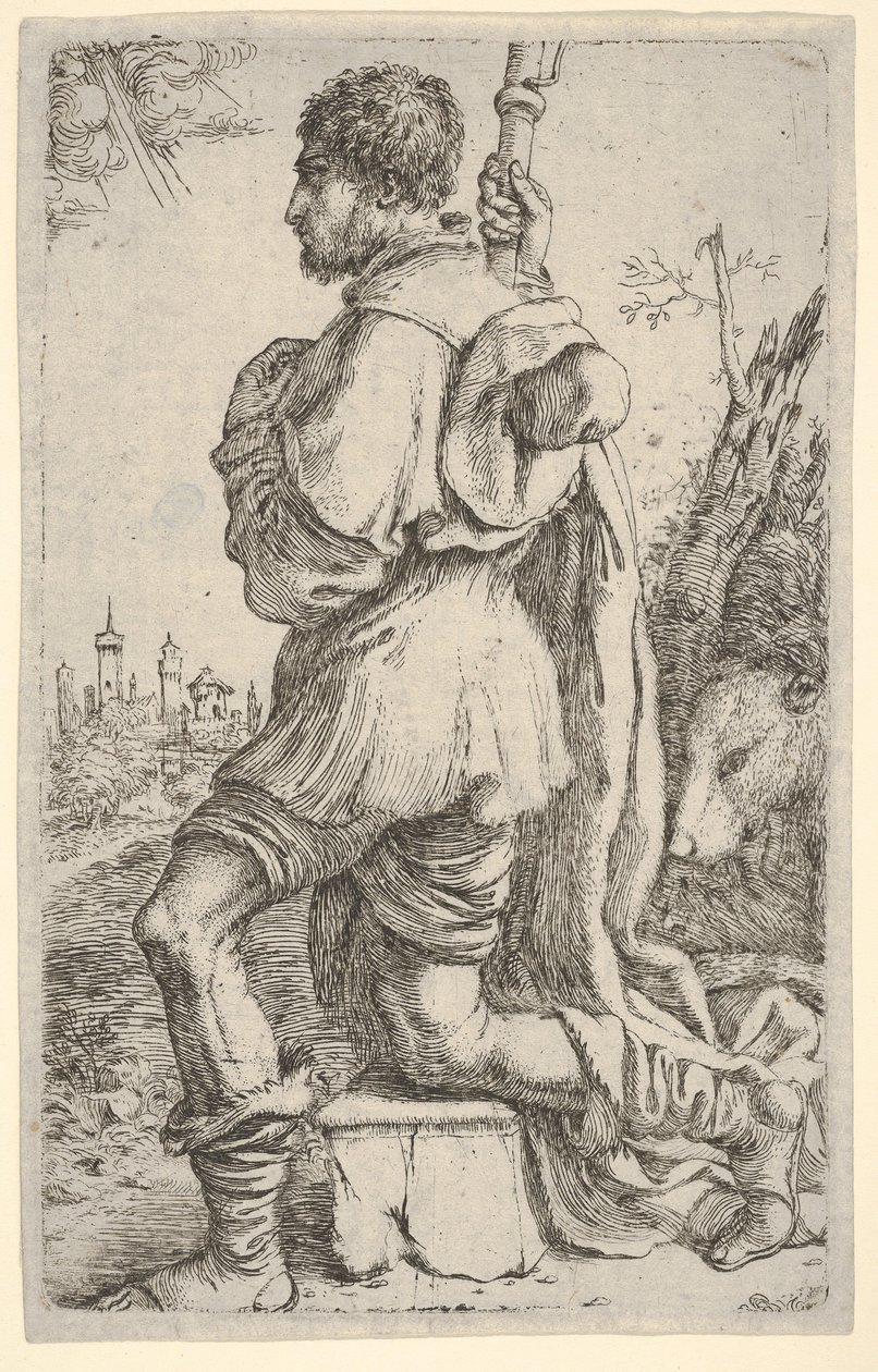 Szent Rókus kövön térdelve, oldalról nézve kutyájával a háta mögött és egy várossal..., 1620-30. alkotó: Giuseppe Caletti
