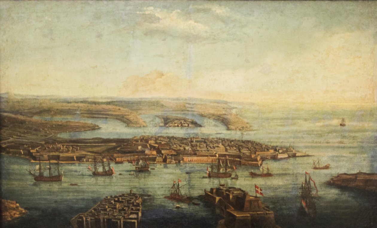 Kilátás a Grand Harbourra, Marsamxettre és Vallettára alkotó: Giuseppe Caloriti