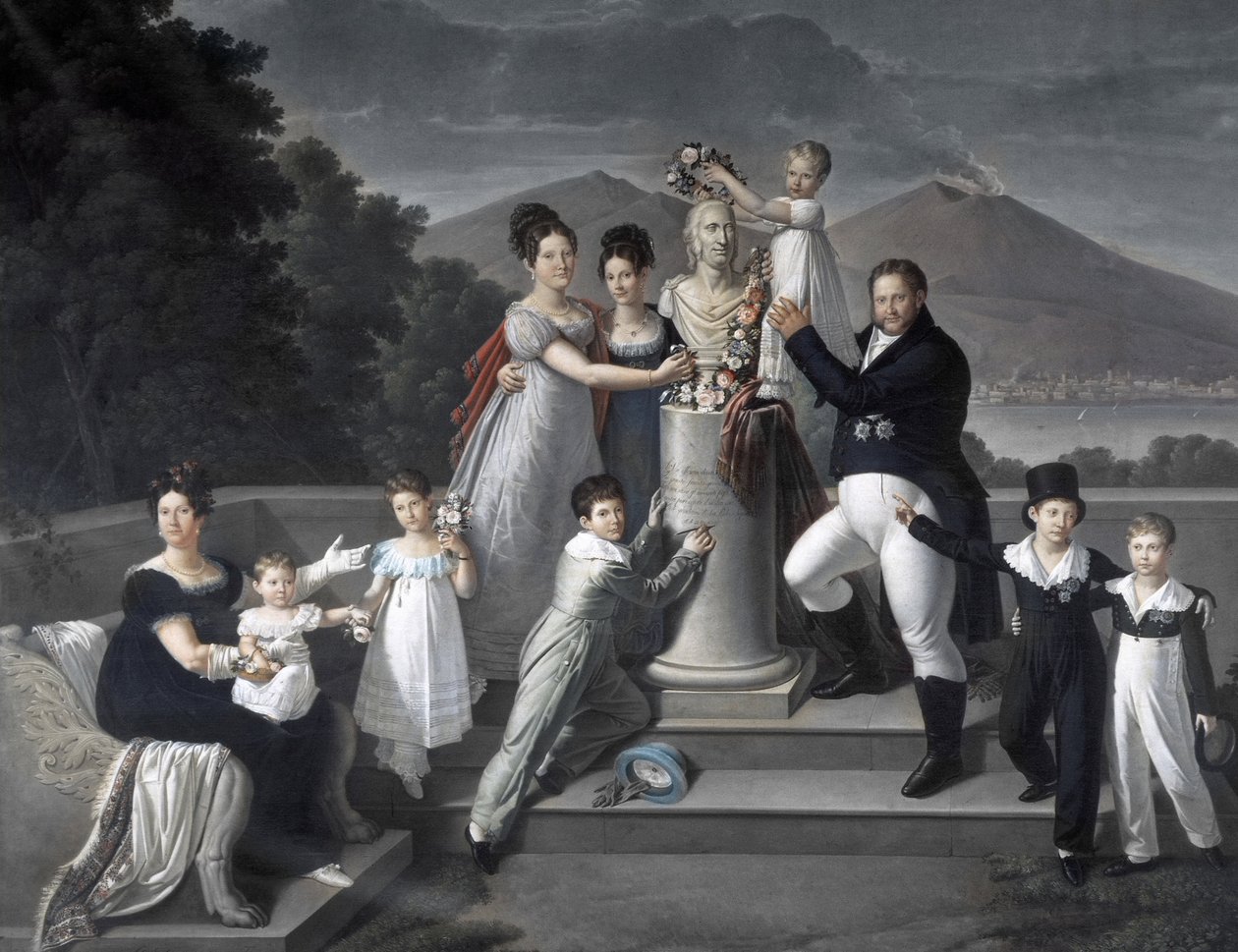(I. Francesco két szicíliai király családja). Balról jobbról: Maria Isabella di Borbone-Spanyolország (I. Francesco második felesége), Maria Carolina Ferdinanda, Maria Antonietta di Toscana nagyhercegnő, Luisa Carlotta, Maria Cristina spanyol királynő, Fer alkotó: Giuseppe Cammarano