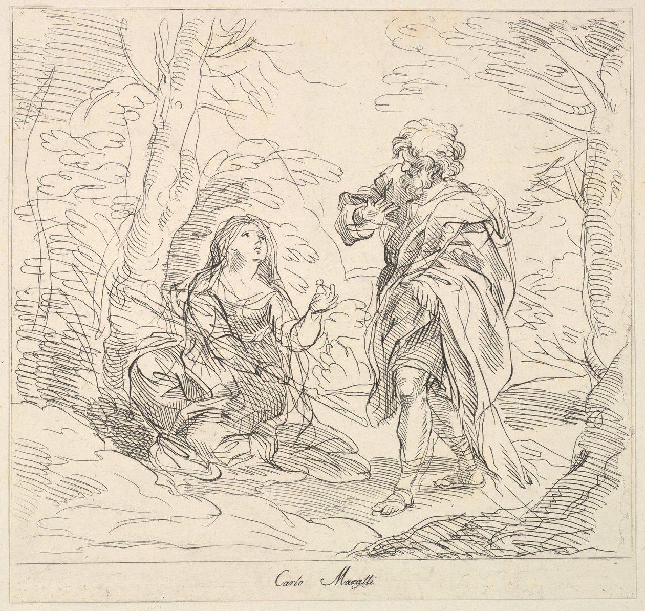 Ülő nő és szakállas férfi egy tájban, 1740-1802. alkotó: Giuseppe Canale