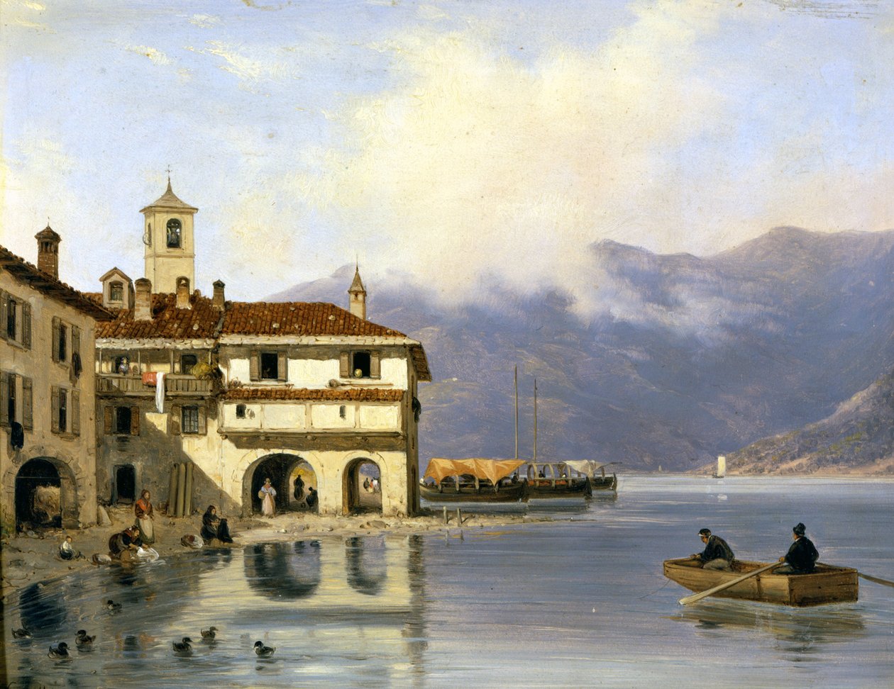 Como. Menaggio partja és kikötője (1850). Canella festménye. Menaggio (Como),. alkotó: Giuseppe Canella