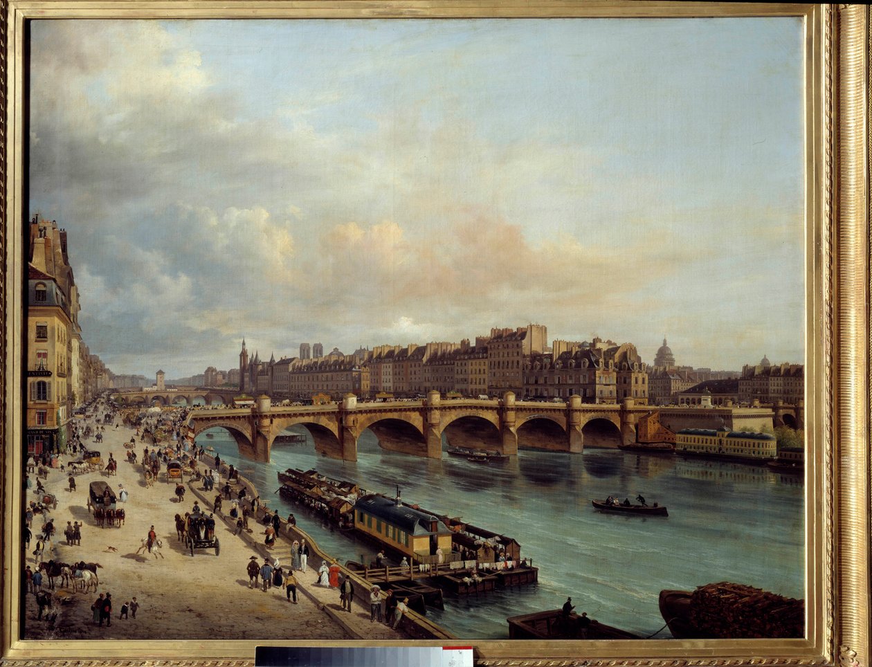 La cite et le Pont Neuf a Quai du Louvre felől nézve Az előtérben egy csónakmosó (boat-wash) és a Szajna partjának nagy tevékenysége. Canella Giuseppe Canella l