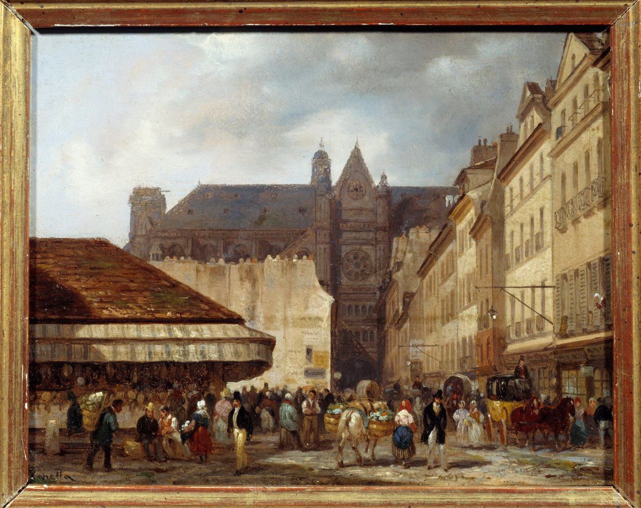 Rue des Prouvaires és a Saint Eustache templom (Quartier des Halles) Párizsban. Giuseppe Canella (1788-1847) festménye Ec.ital. alkotó: Giuseppe Canella