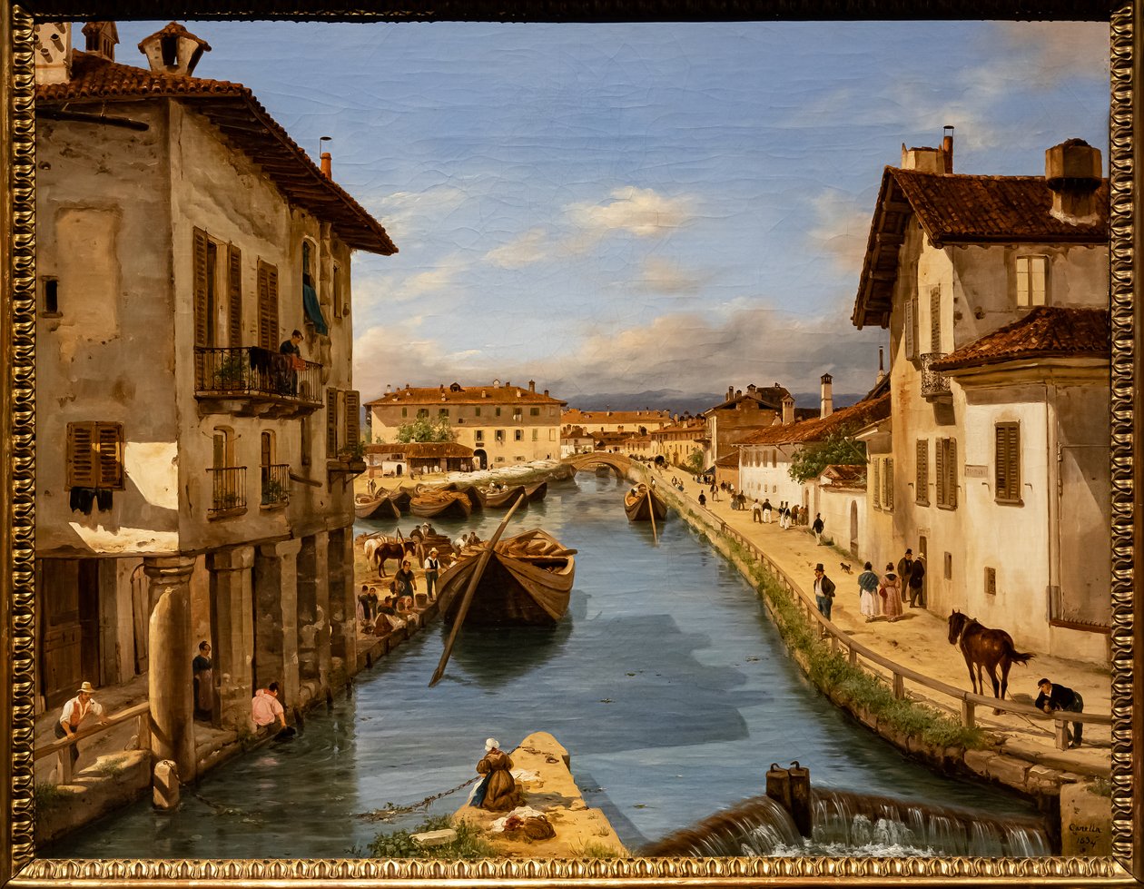 Kilátás a Naviglio-csatornára a Szent Márk hídról, 1850 körül (olaj, vászon) alkotó: Giuseppe Canella