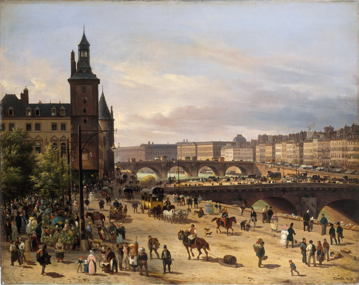 A virágpiac, az Óratorony, a Pont au Change és a Pont-Neuf, 1832. alkotó: Giuseppe Canella the Elder