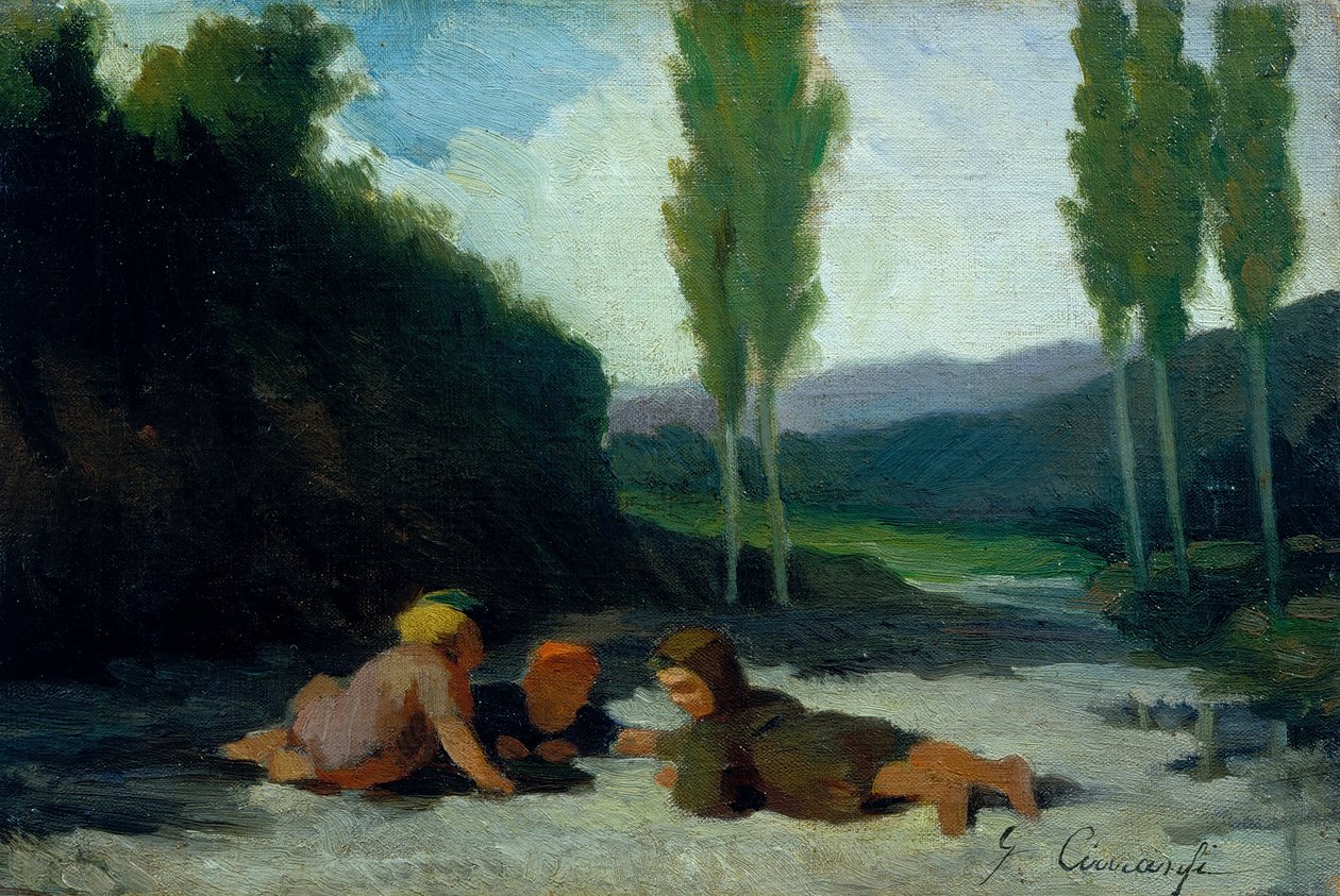 Gyermekek játszanak a folyóparton (olaj, vászon) alkotó: Giuseppe Ciaranfi
