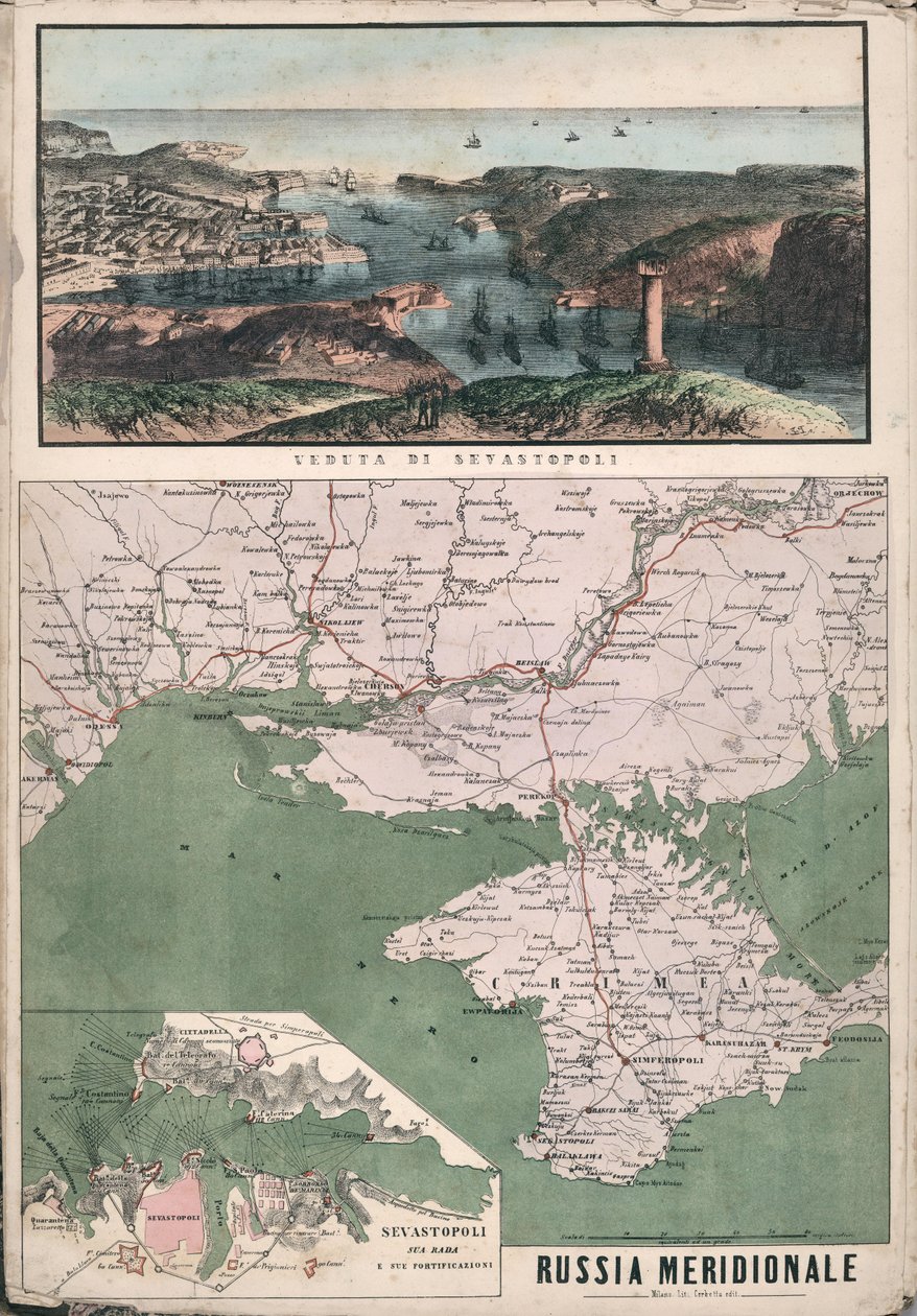 Dél-Oroszország térképe, kilátással a Szevasztopoli-öbölre és erődítményeire, 1853. alkotó: Giuseppe Civelli