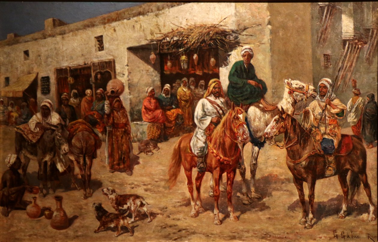 Lovasok egy használtruha-bolt előtt. alkotó: Giuseppe Gabani